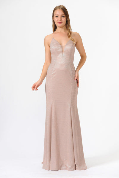 Illusion Inset V-Neck Open Back Long Glitter Dress by Poly USA 8494-Long Formal Dresses-ABC Fashion