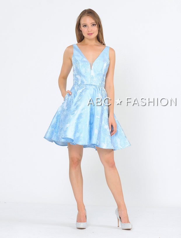 Illusion Short V-Neck Floral Print Dress by Poly USA 8366-Short Cocktail Dresses-ABC Fashion