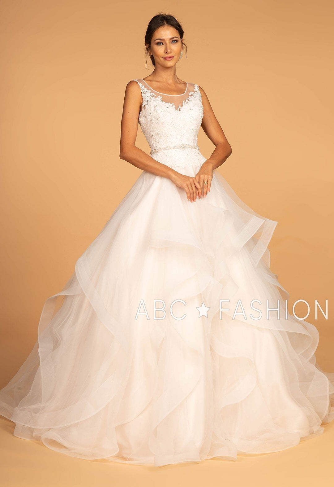 Illusion V-Neck Wedding Dress with Layered Skirt by Elizabeth K GL2599-Wedding Dresses-ABC Fashion