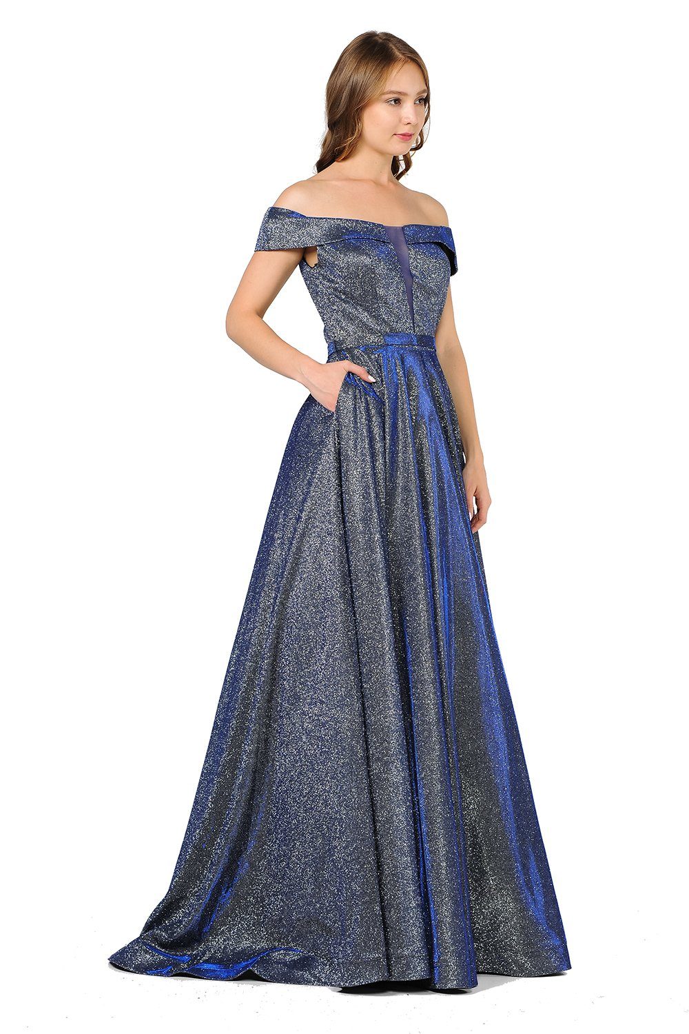 Iridescent Glitter Long Off the Shoulder Dress by Poly USA 8484-Long Formal Dresses-ABC Fashion