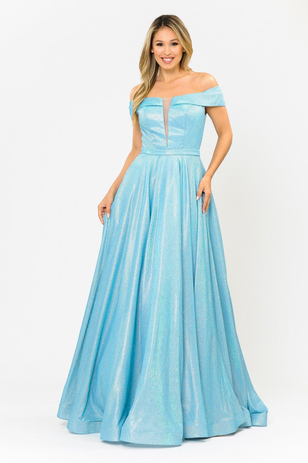 Iridescent Glitter Long Off the Shoulder Dress by Poly USA 8464