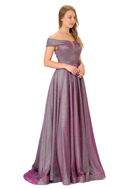 Iridescent Glitter Long Off the Shoulder Dress by Poly USA 8484-Long Formal Dresses-ABC Fashion