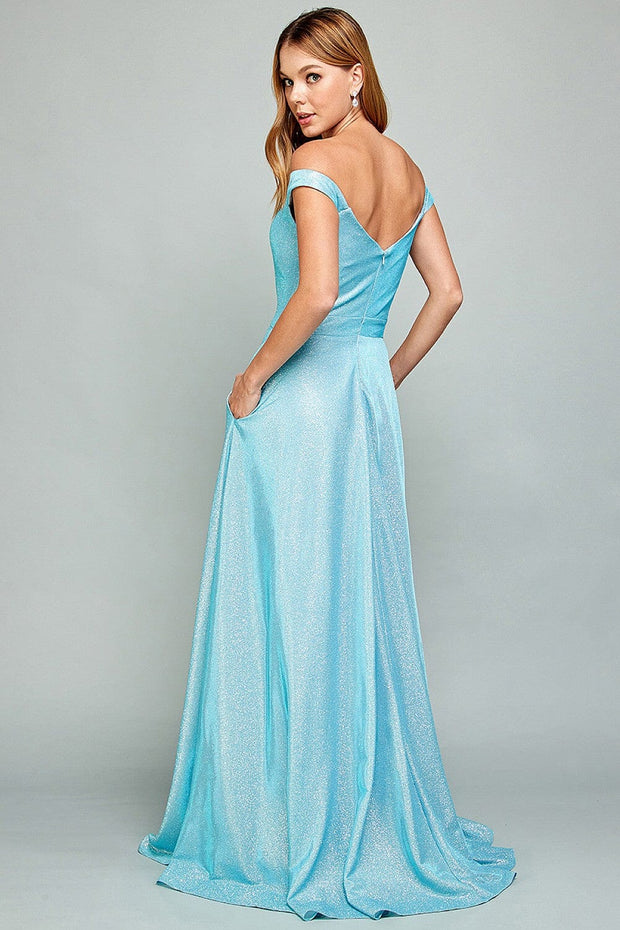 Iridescent Glitter Off Shoulder A-line Gown by Adora 3036