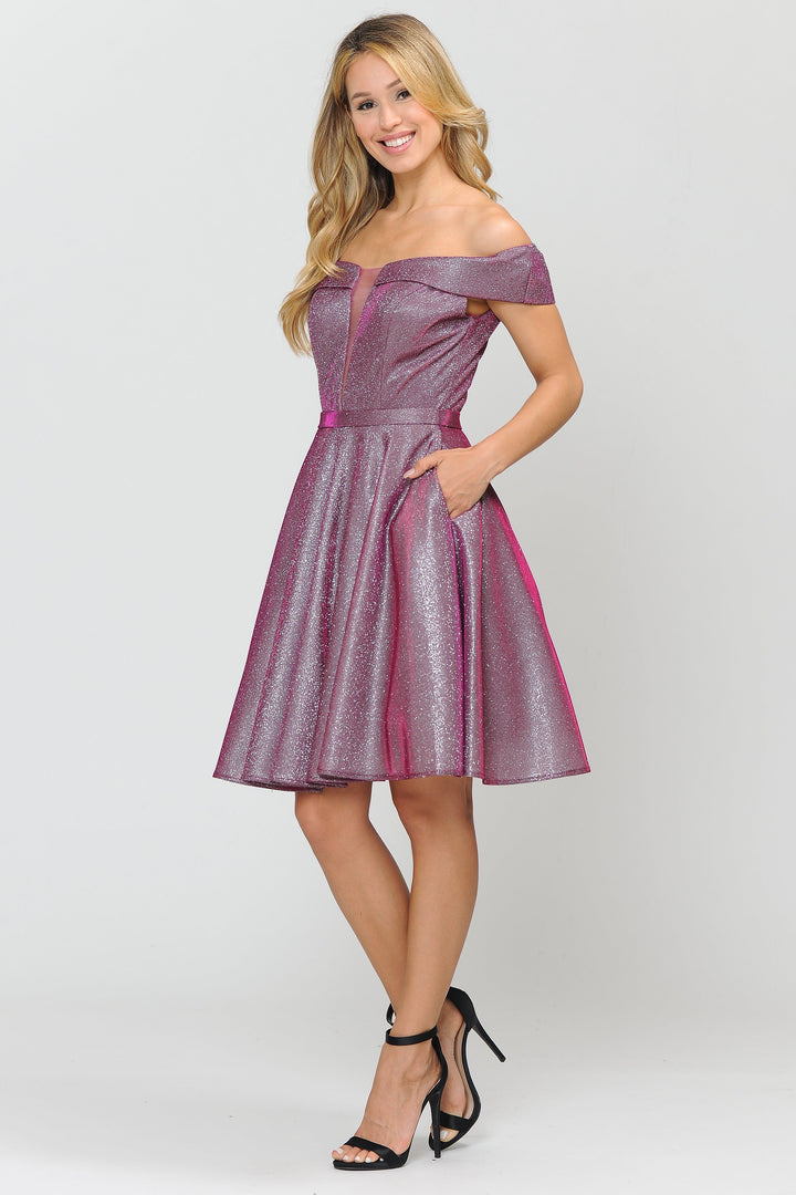 Iridescent Glitter Short Off the Shoulder Dress by Poly USA 8224-Short Cocktail Dresses-ABC Fashion