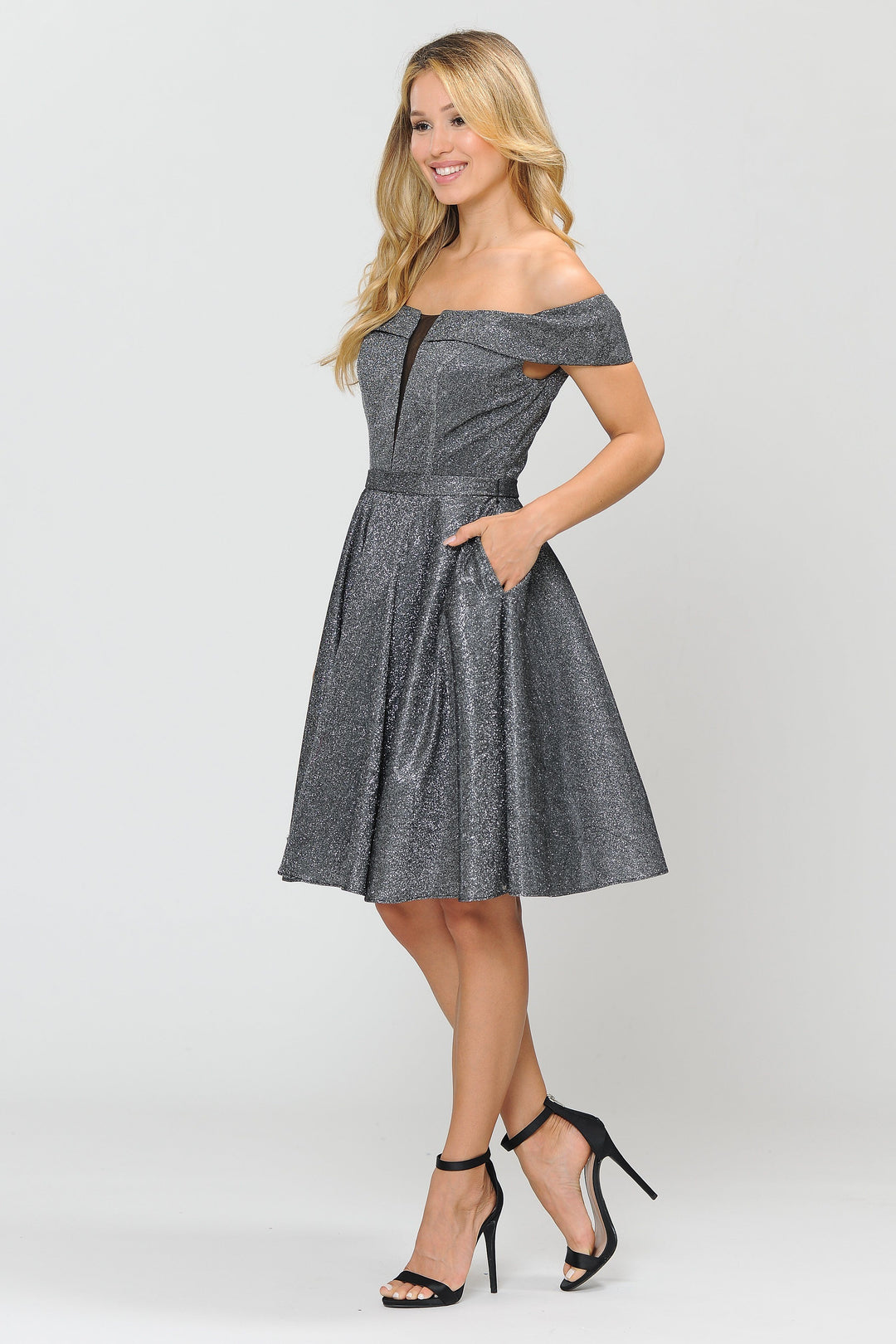 Iridescent Glitter Short Off the Shoulder Dress by Poly USA 8224-Short Cocktail Dresses-ABC Fashion