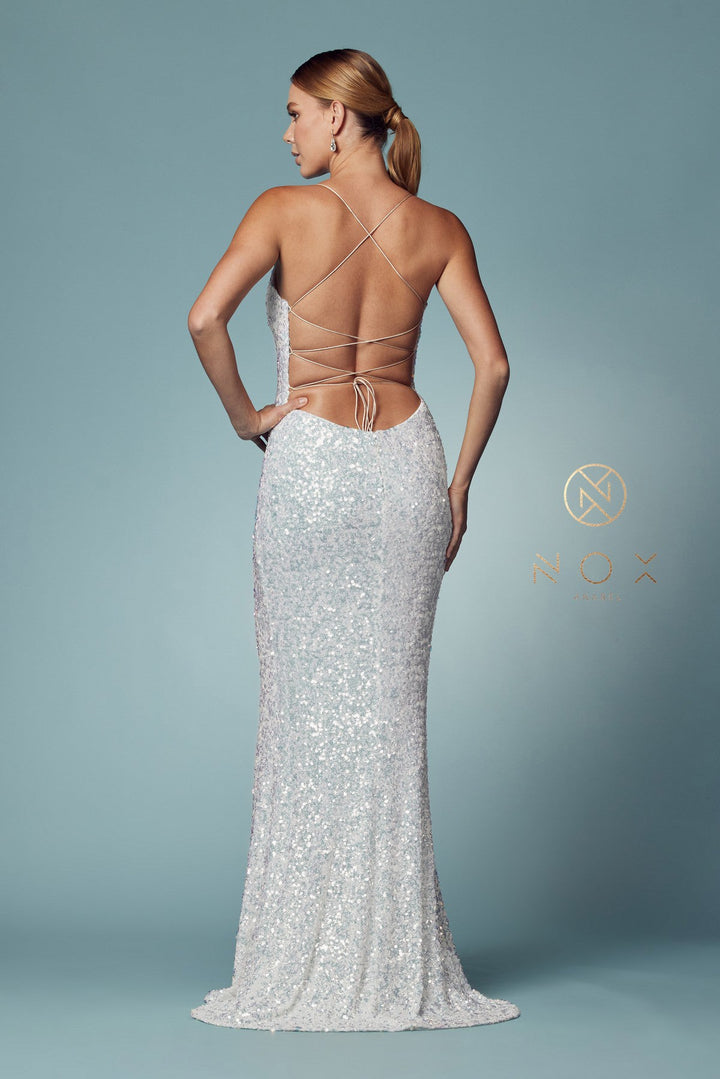 Iridescent Sequin Lace-Up Back Gown by Nox Anabel R1034