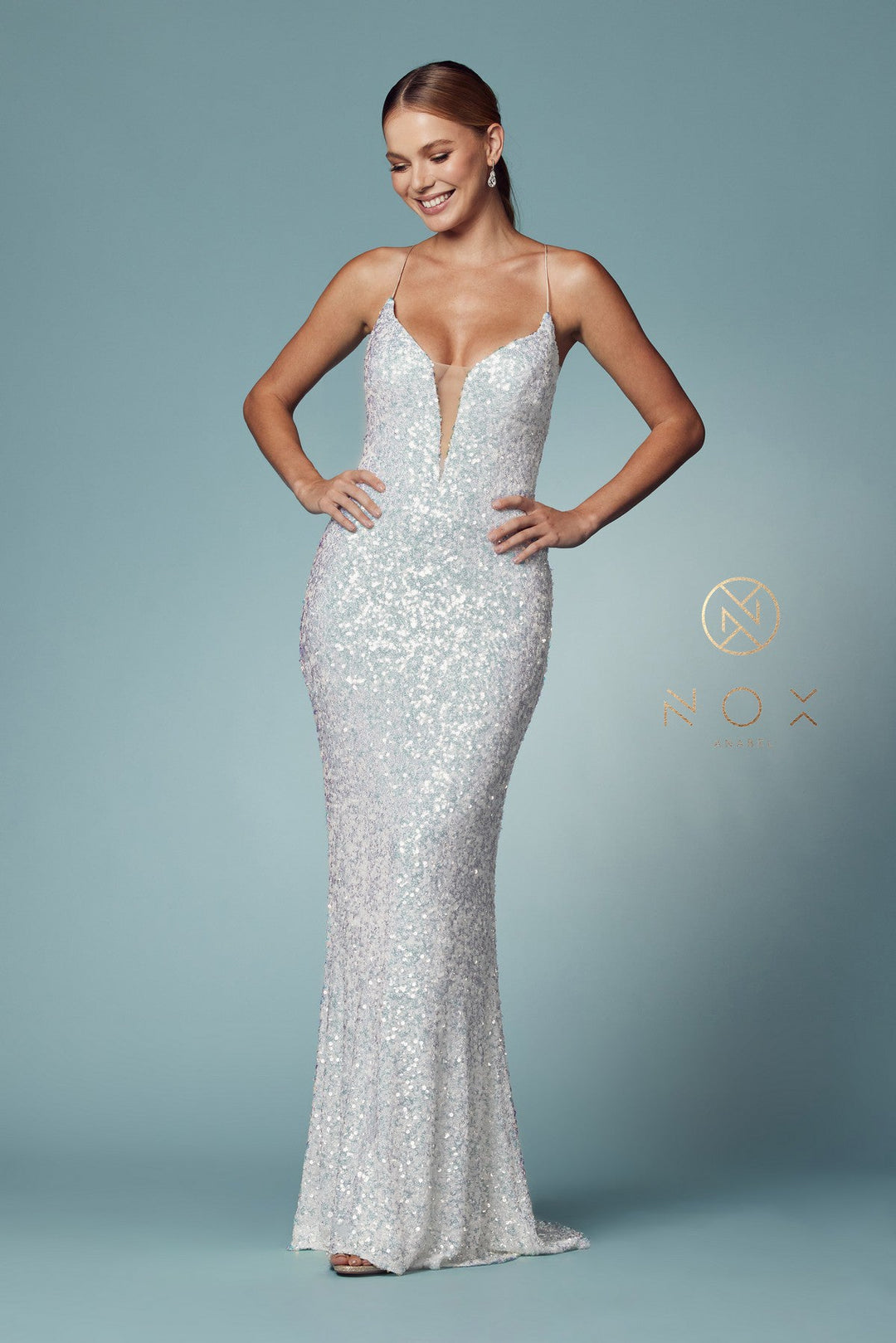 Iridescent Sequin Lace-Up Back Gown by Nox Anabel R1034