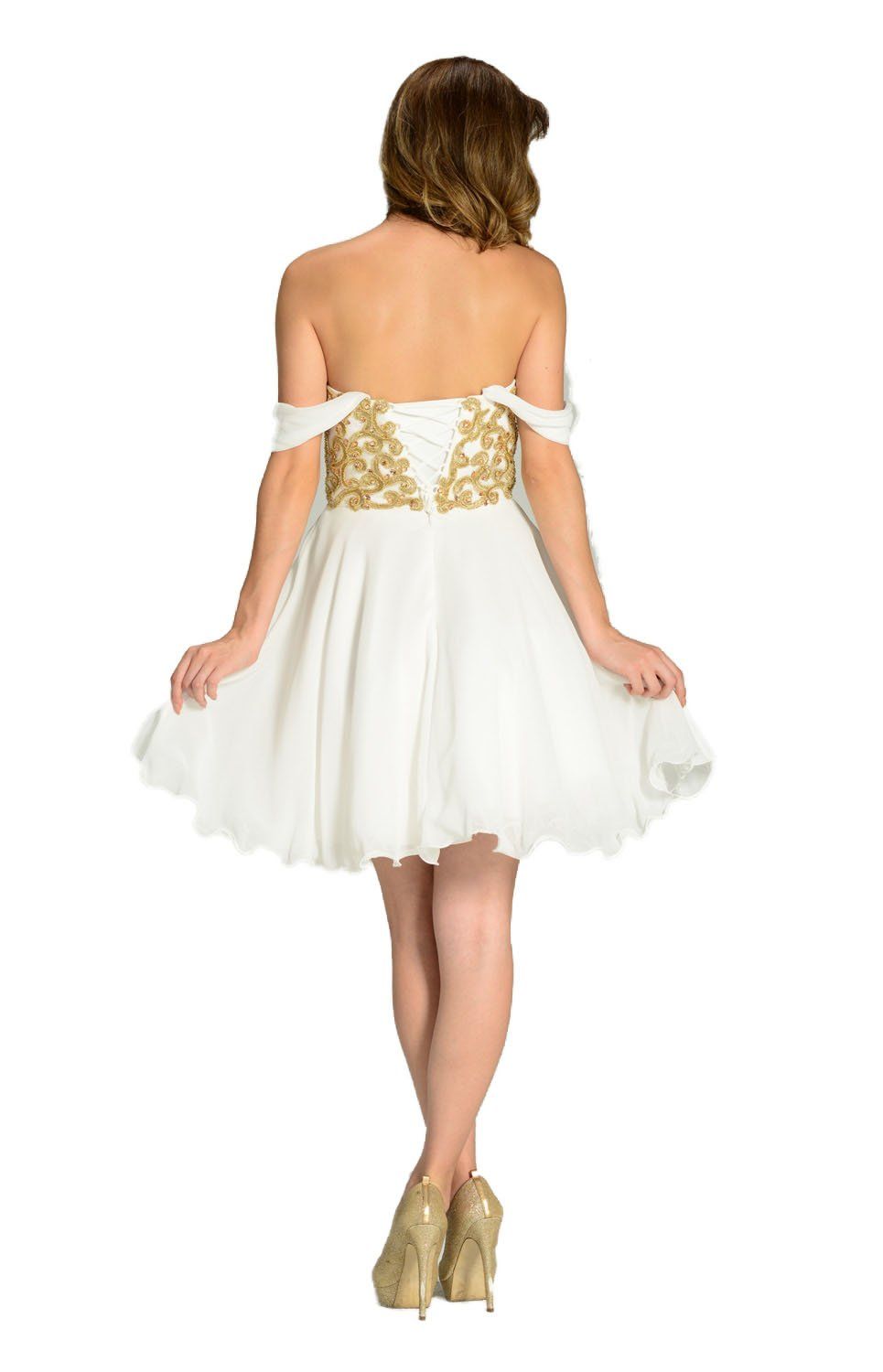 Ivory Short Appliqued Off the Shoulder Dress by Poly USA-Short Cocktail Dresses-ABC Fashion