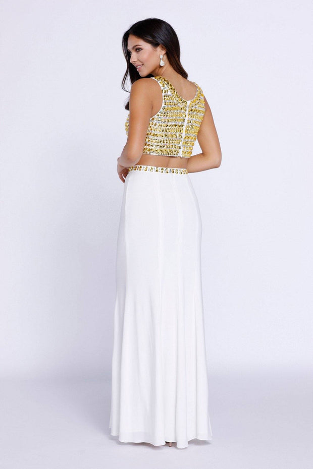 Ivory Two-Piece Crop Top Dress with Gold Beads by Nox Anabel 8183-Long Formal Dresses-ABC Fashion
