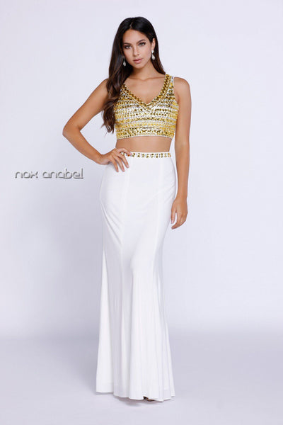 Ivory Two-Piece Crop Top Dress with Gold Beads by Nox Anabel 8183-Long Formal Dresses-ABC Fashion