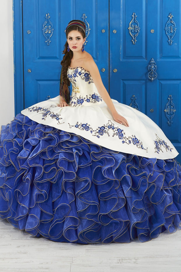 Ivory/Blue Strapless Floral Charro Dress by House of Wu LA Glitter 24042-Quinceanera Dresses-ABC Fashion