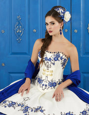 Ivory/Blue Strapless Floral Charro Dress by House of Wu LA Glitter 24042-Quinceanera Dresses-ABC Fashion