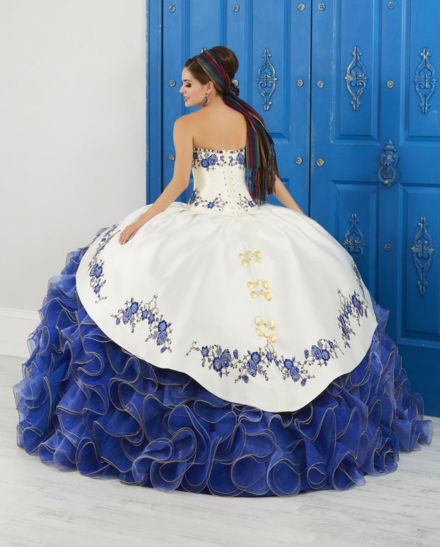Ivory/Blue Strapless Floral Charro Dress by House of Wu LA Glitter 24042-Quinceanera Dresses-ABC Fashion