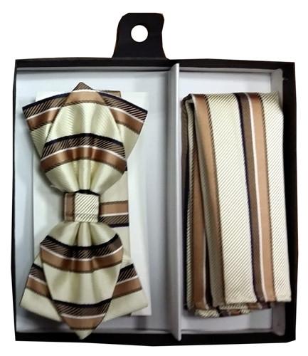 Ivory/Brown Striped Bow Tie with Pocket Square (Pointed Tip)-Men's Bow Ties-ABC Fashion