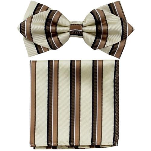 Ivory/Brown Striped Bow Tie with Pocket Square (Pointed Tip)-Men's Bow Ties-ABC Fashion