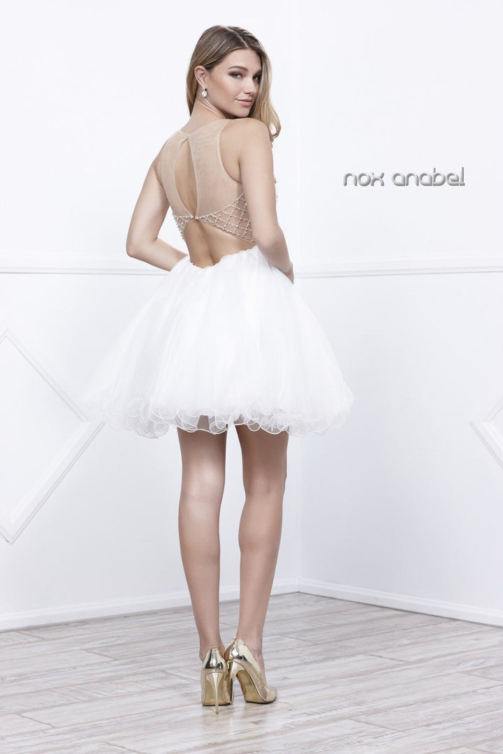 Ivory/Gold Short Beaded Sleeveless Illusion Dress by Nox Anabel 6271-Short Cocktail Dresses-ABC Fashion