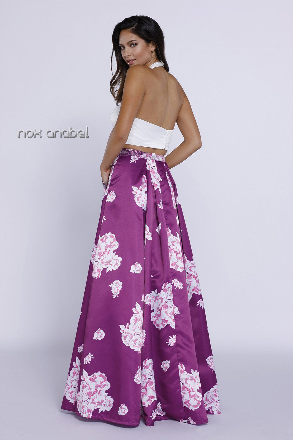 Ivory/Purple Halter Crop Top Floral Print Dress by Nox Anabel 8245-Long Formal Dresses-ABC Fashion