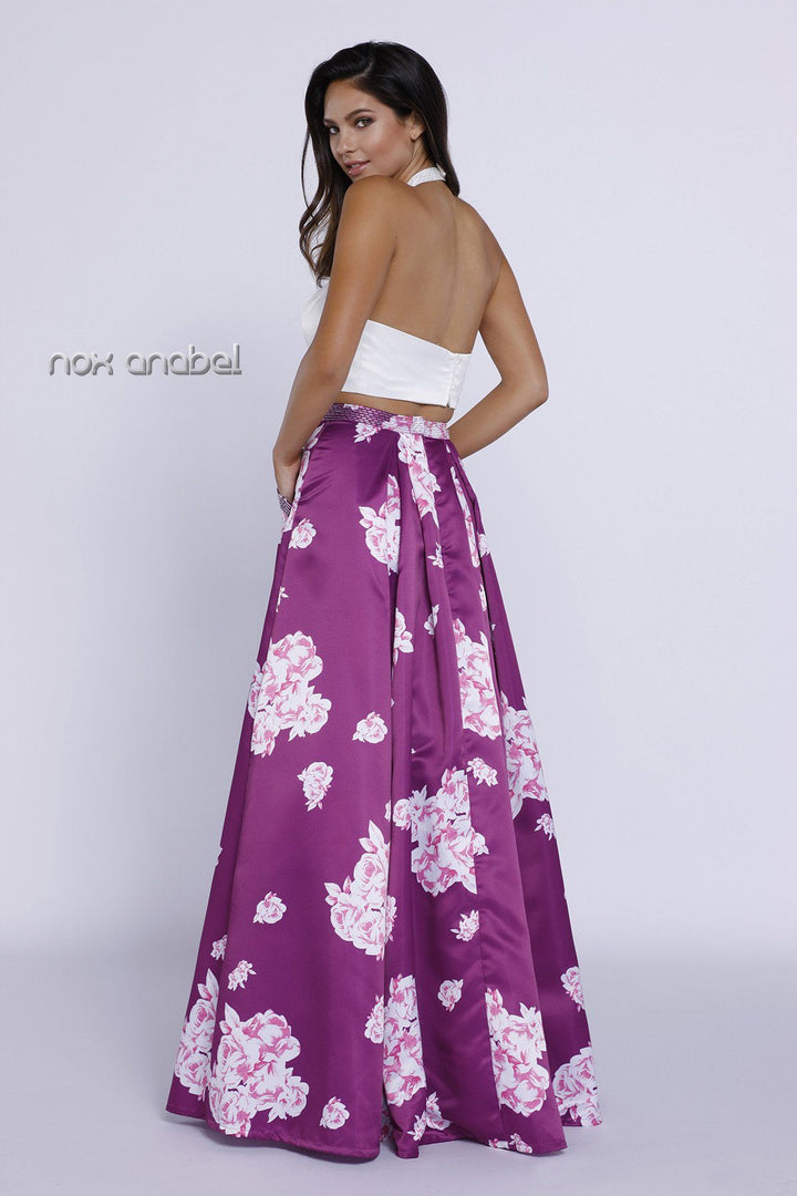 Ivory/Purple Halter Crop Top Floral Print Dress by Nox Anabel 8245-Long Formal Dresses-ABC Fashion