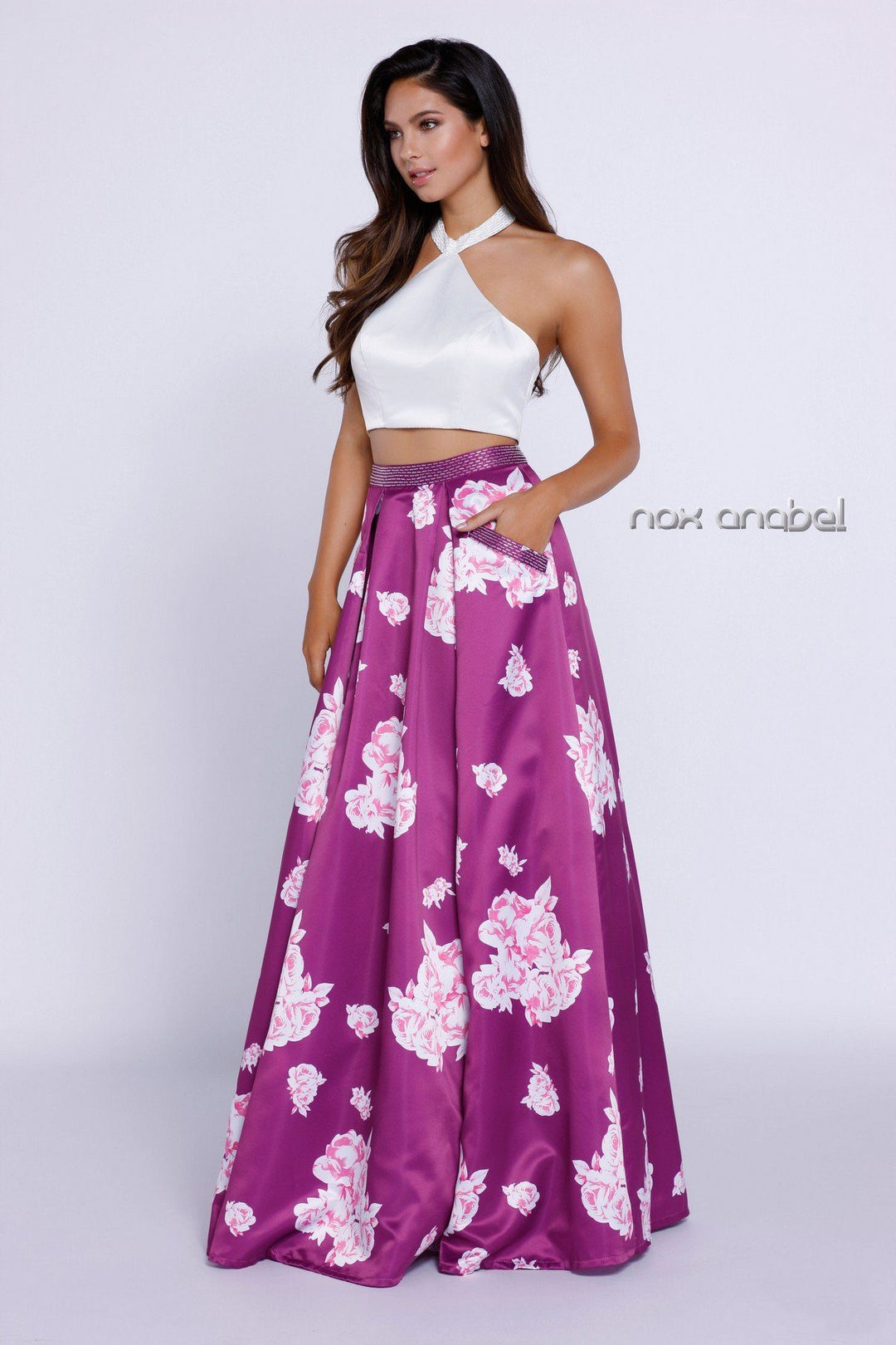 Ivory/Purple Halter Crop Top Floral Print Dress by Nox Anabel 8245-Long Formal Dresses-ABC Fashion