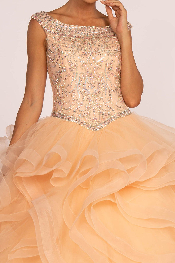 Jeweled Cap Sleeve Ball Gown with Layered Skirt by Elizabeth K GL1600-Quinceanera Dresses-ABC Fashion