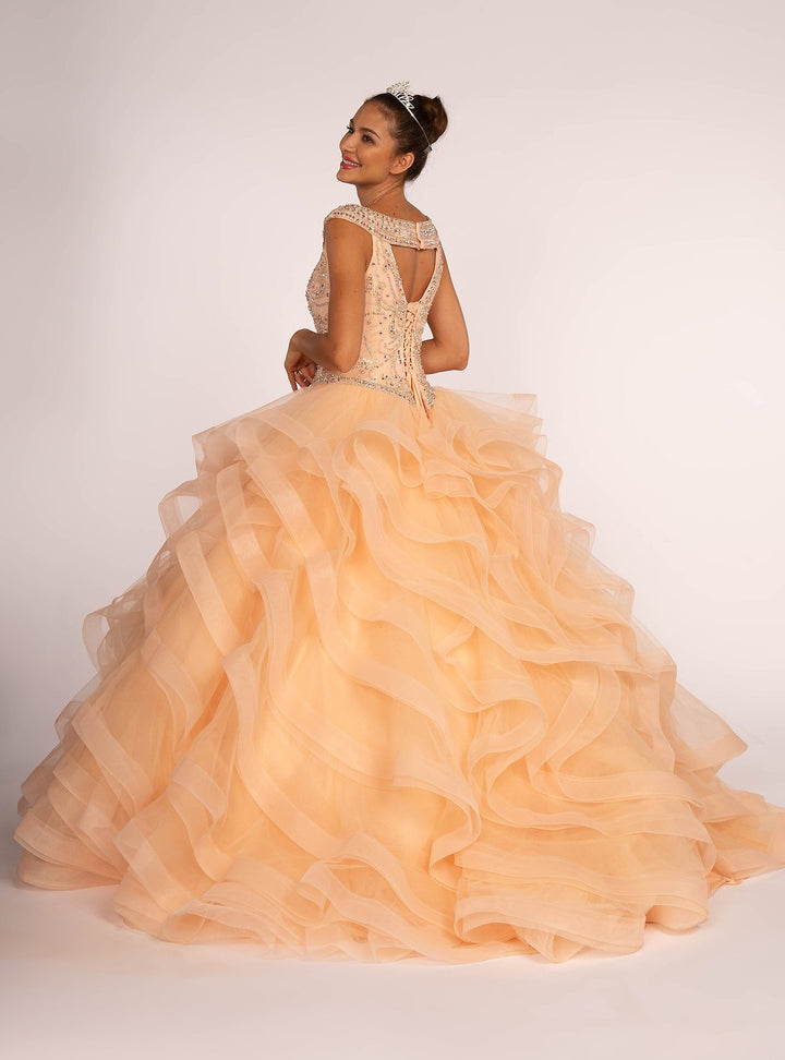 Jeweled Cap Sleeve Ball Gown with Layered Skirt by Elizabeth K GL1600-Quinceanera Dresses-ABC Fashion