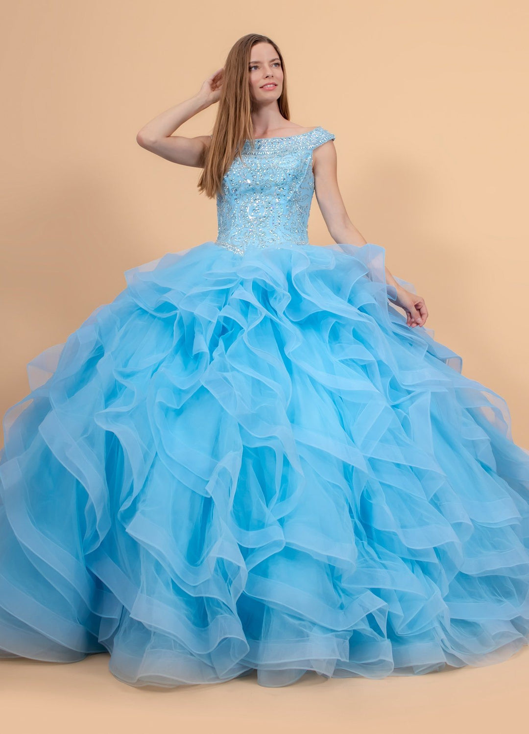 Jeweled Cap Sleeve Ball Gown with Layered Skirt by Elizabeth K GL1600-Quinceanera Dresses-ABC Fashion