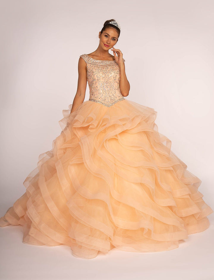 Jeweled Cap Sleeve Ball Gown with Layered Skirt by Elizabeth K GL1600-Quinceanera Dresses-ABC Fashion