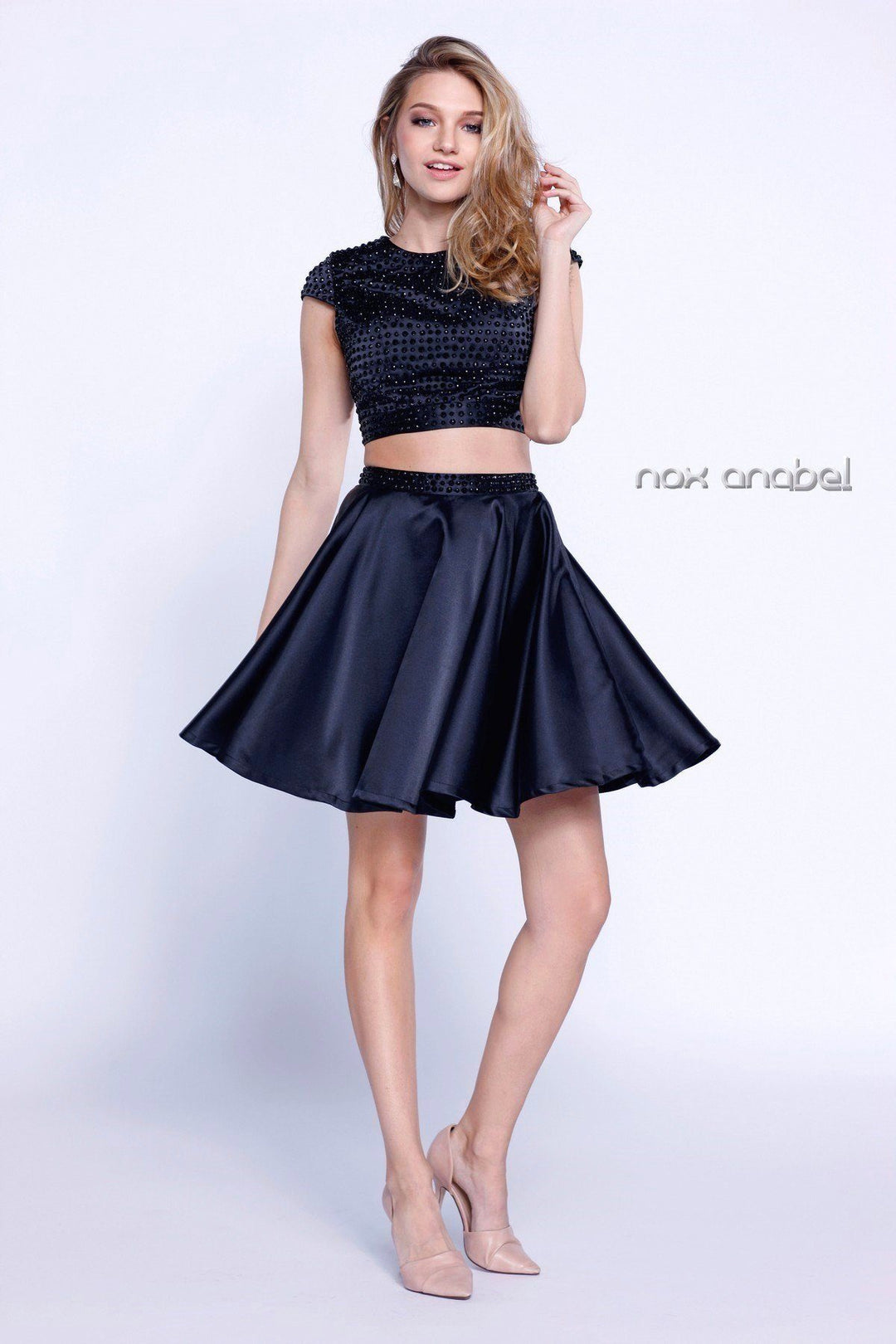 Jeweled Cap Sleeve Short Two Piece Dress by Nox Anabel 6216-Short Cocktail Dresses-ABC Fashion