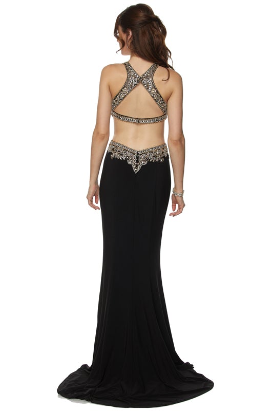 Jeweled Fitted Cutout Gown by Juliet 632