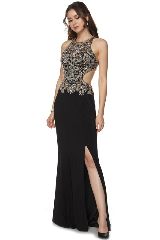 Jeweled Fitted Cutout Gown by Juliet 632