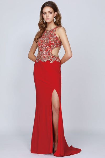 Jeweled Fitted Cutout Gown by Juliet 632