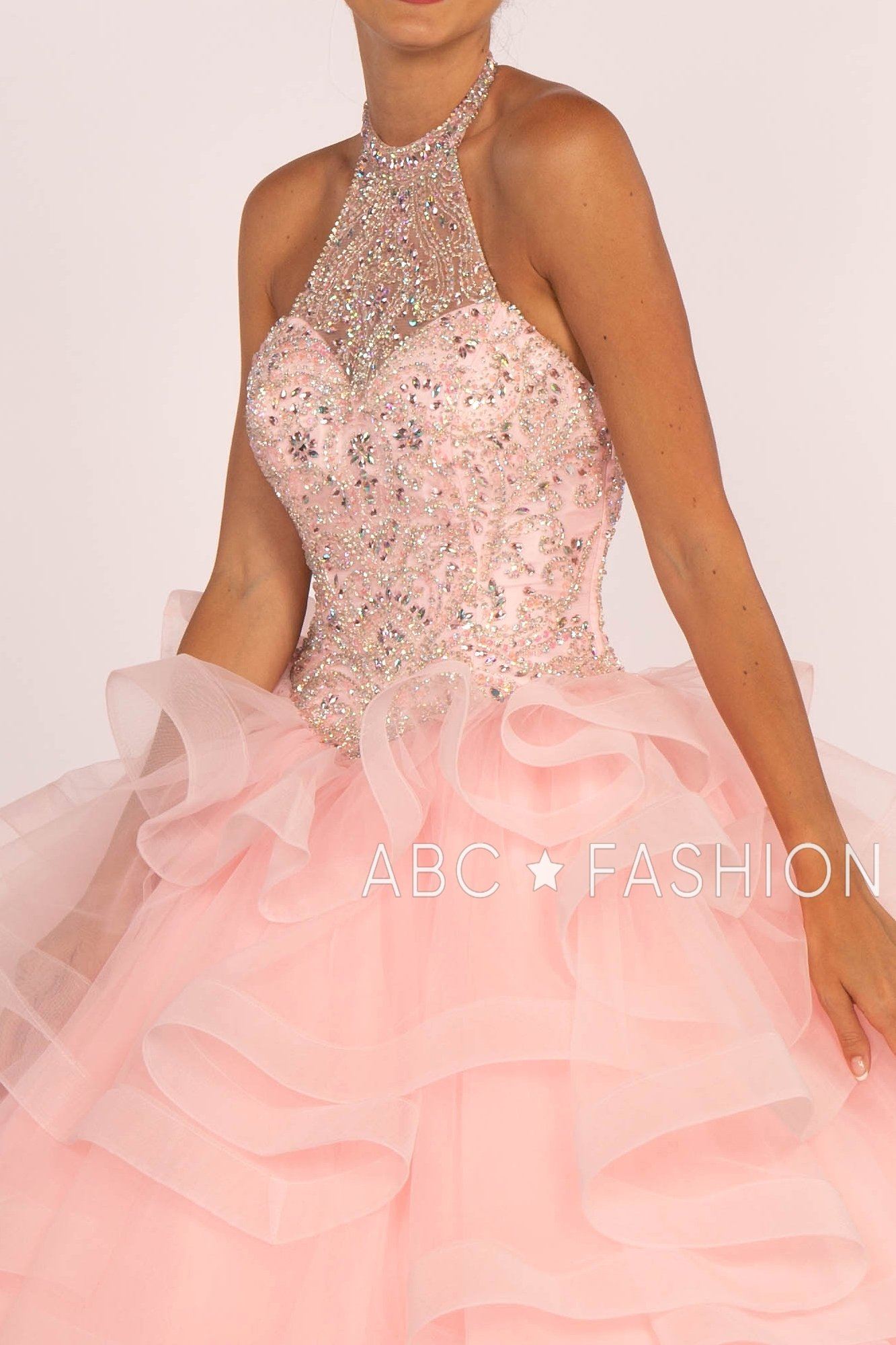 Jeweled Halter Ball Gown with Layered Skirt by Elizabeth K