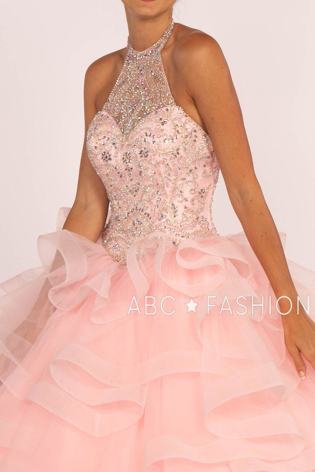 Jeweled Halter Ball Gown with Layered Skirt by Elizabeth K GL2512-Quinceanera Dresses-ABC Fashion