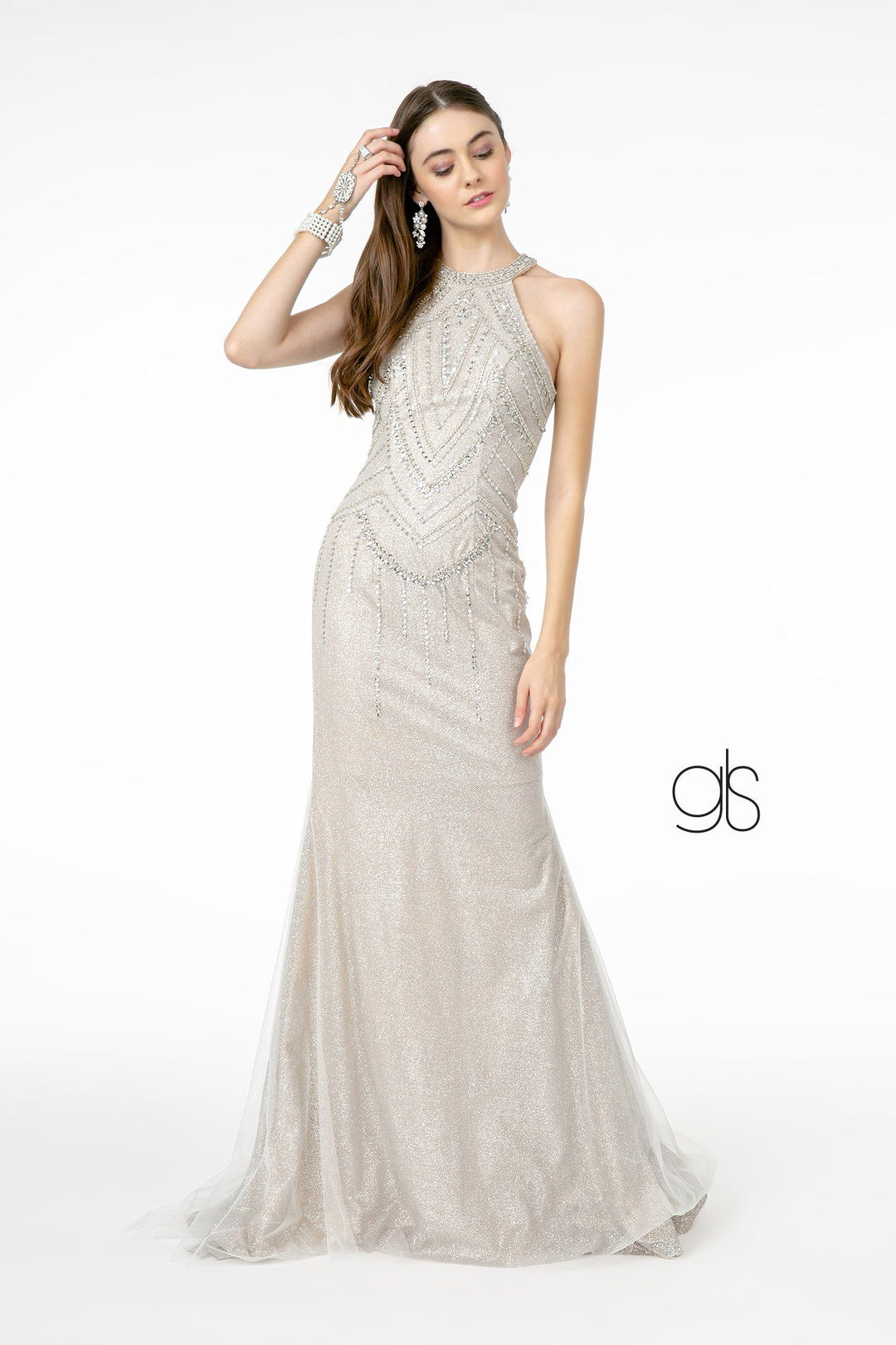 Jeweled High-Neck Glitter Trumpet Dress by Elizabeth K GL1841