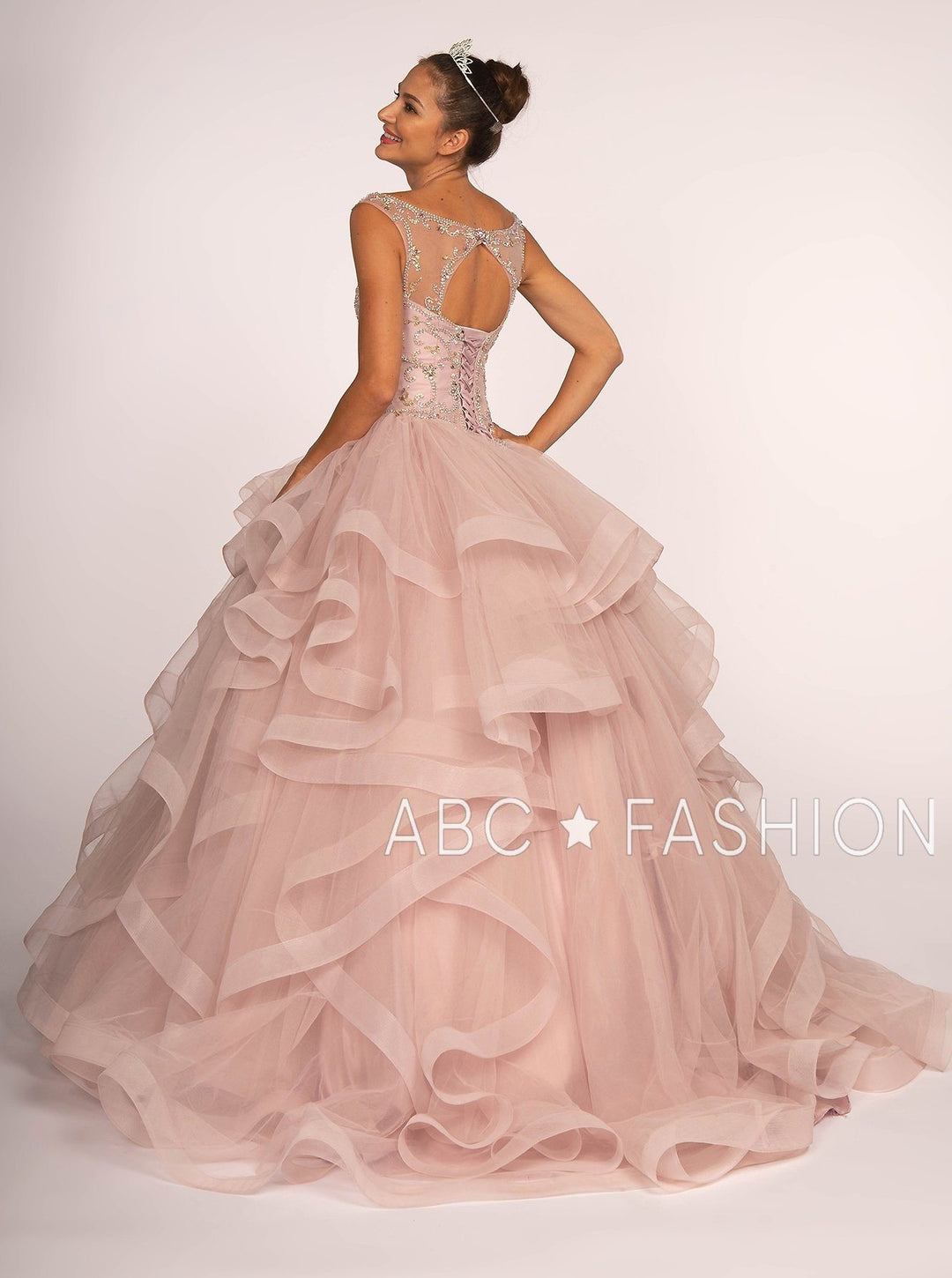 Jeweled Illusion Ball Gown with Layered Skirt by Elizabeth K GL2517-Quinceanera Dresses-ABC Fashion