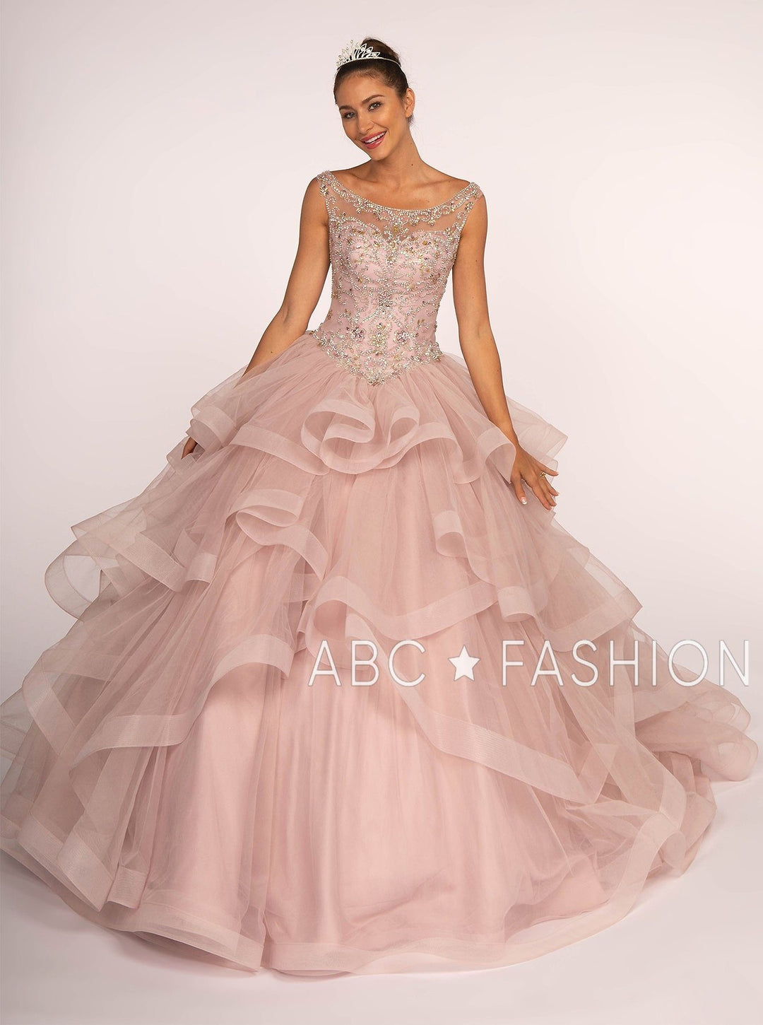 Jeweled Illusion Ball Gown with Layered Skirt by Elizabeth K GL2517-Quinceanera Dresses-ABC Fashion