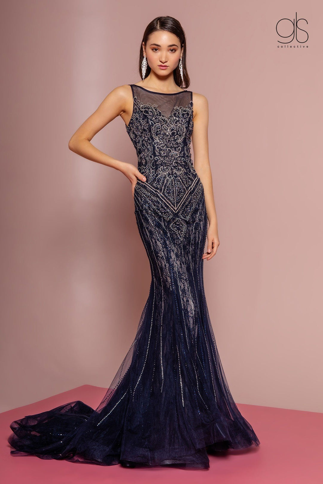 Jeweled Lace Illusion Mermaid Dress with Train by GLS Gloria GL2685-Long Formal Dresses-ABC Fashion