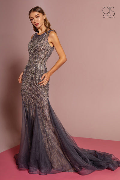 Jeweled Lace Trumpet Dress with Sheer Back by GLS Gloria GL2684-Long Formal Dresses-ABC Fashion
