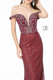 Jeweled Long Off Shoulder Glitter Dress by Elizabeth K GL1818