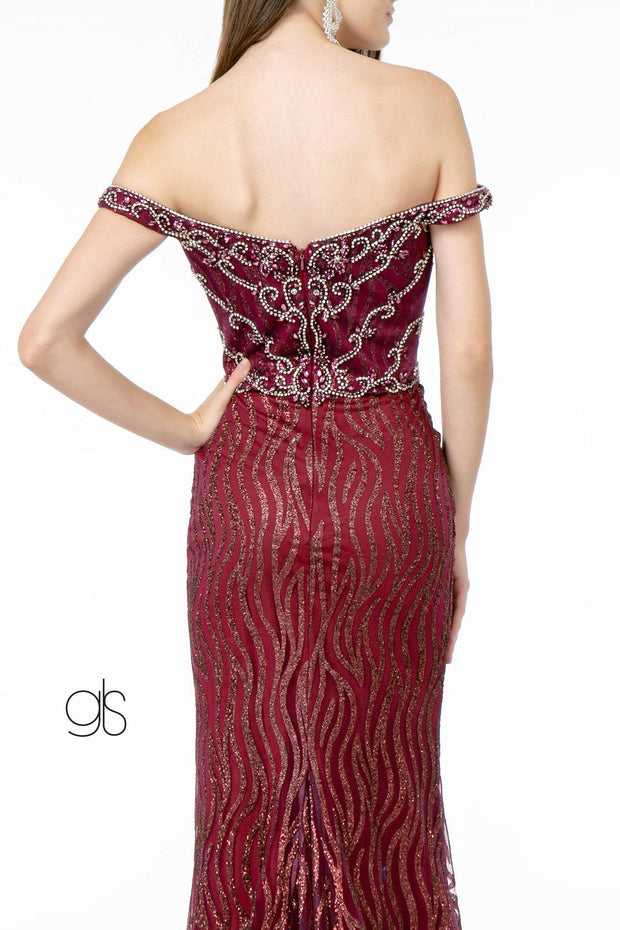 Jeweled Long Off Shoulder Glitter Dress by Elizabeth K GL1818