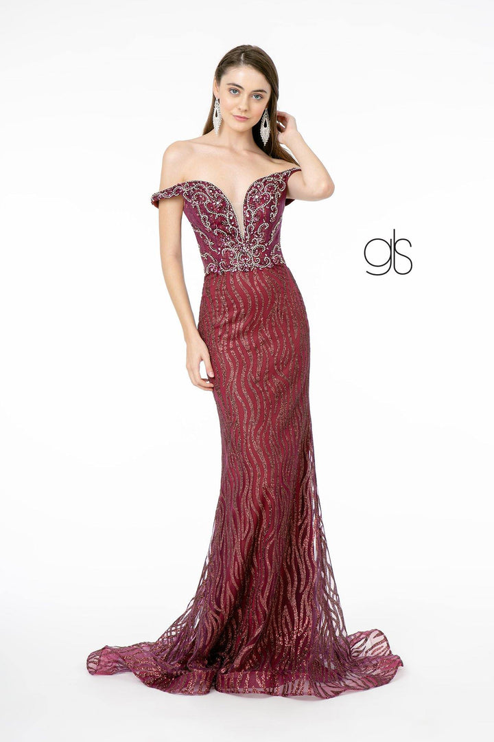 Jeweled Long Off Shoulder Glitter Dress by Elizabeth K GL1818