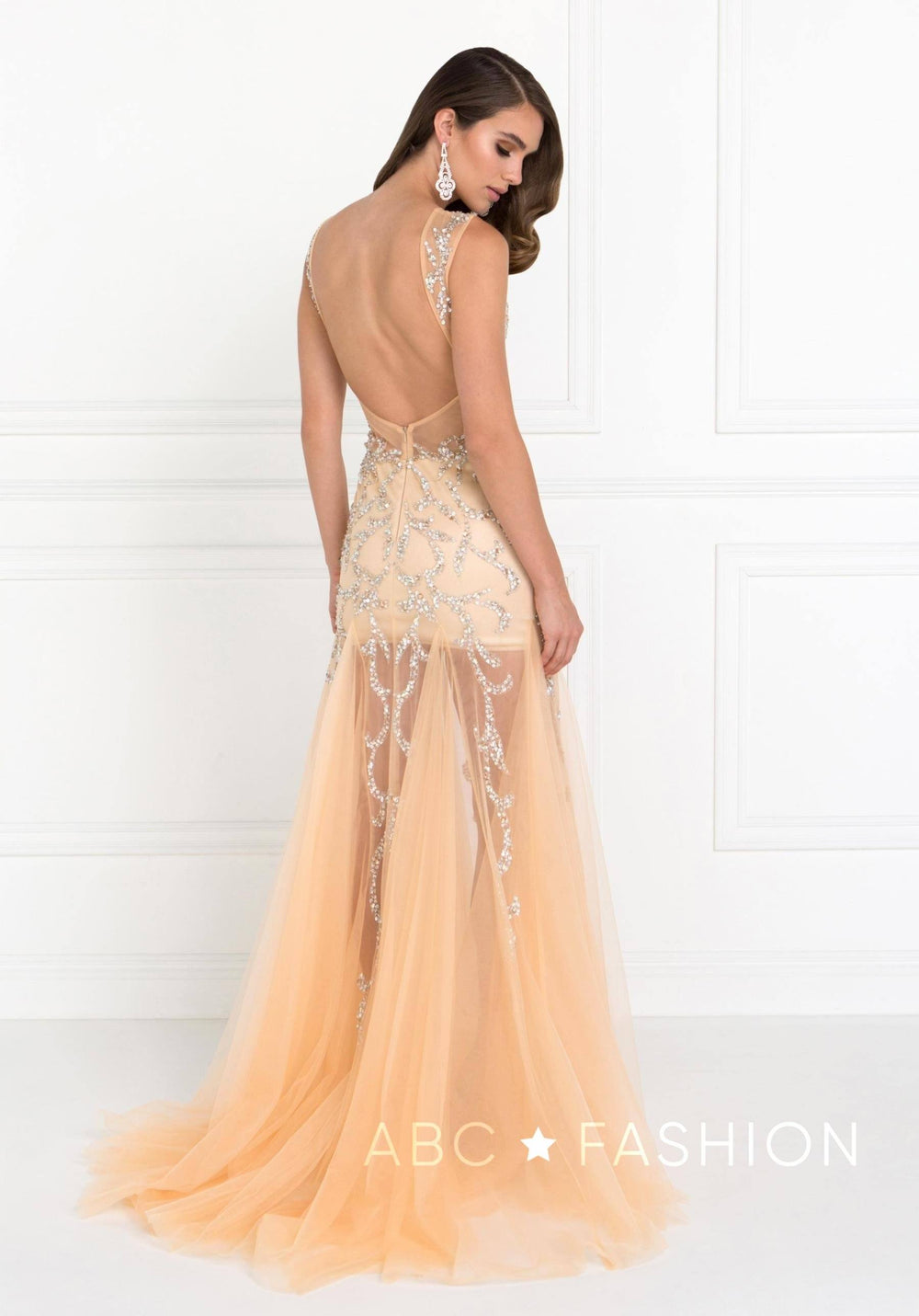 Jeweled Long Sleeveless Sheer Nude Dress by Elizabeth K GL2153-Long Formal Dresses-ABC Fashion