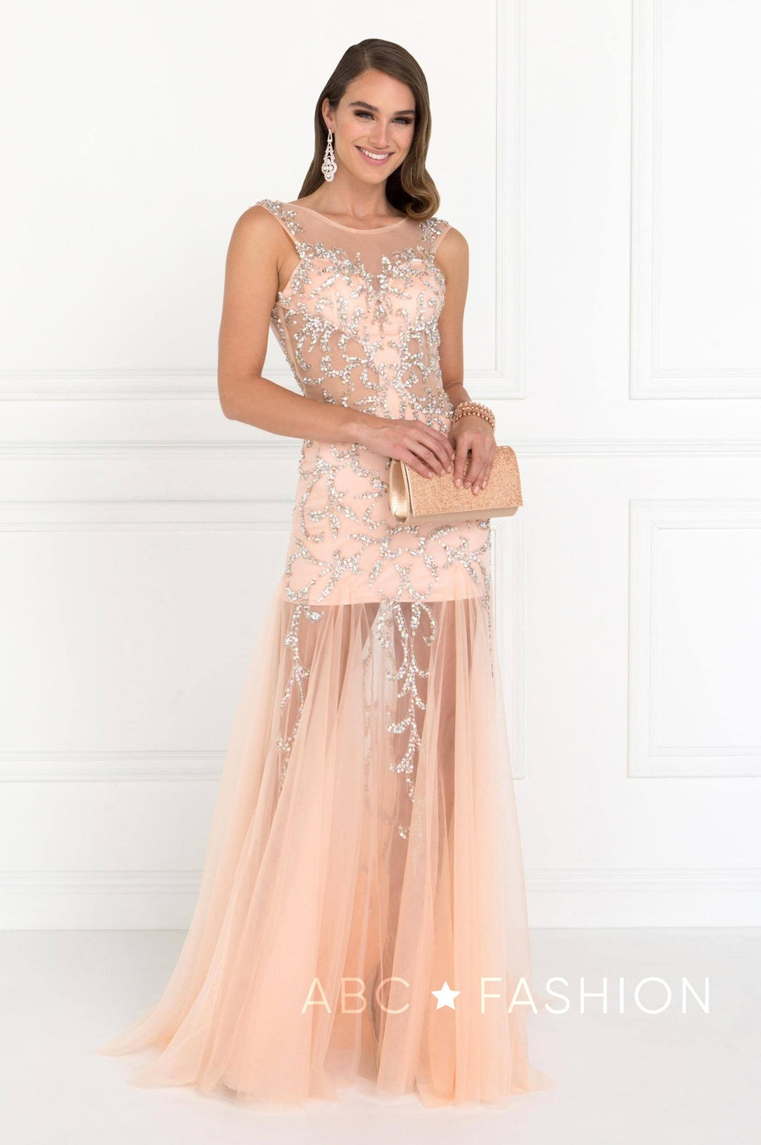 Jeweled Long Sleeveless Sheer Peach Dress by Elizabeth K GL2153-Long Formal Dresses-ABC Fashion