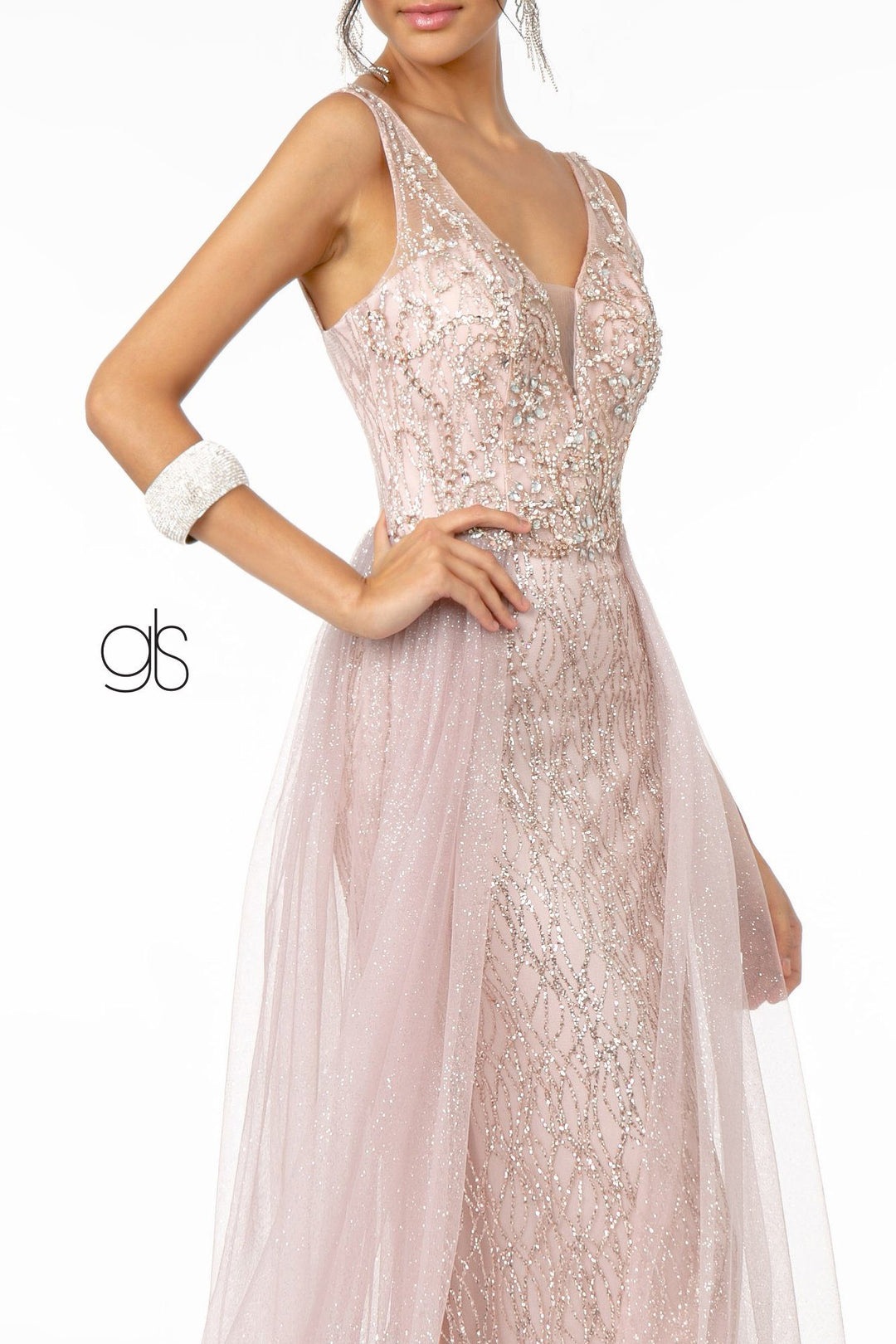 Jeweled V-Neck Gown with Glitter Overskirt by Elizabeth K GL1840