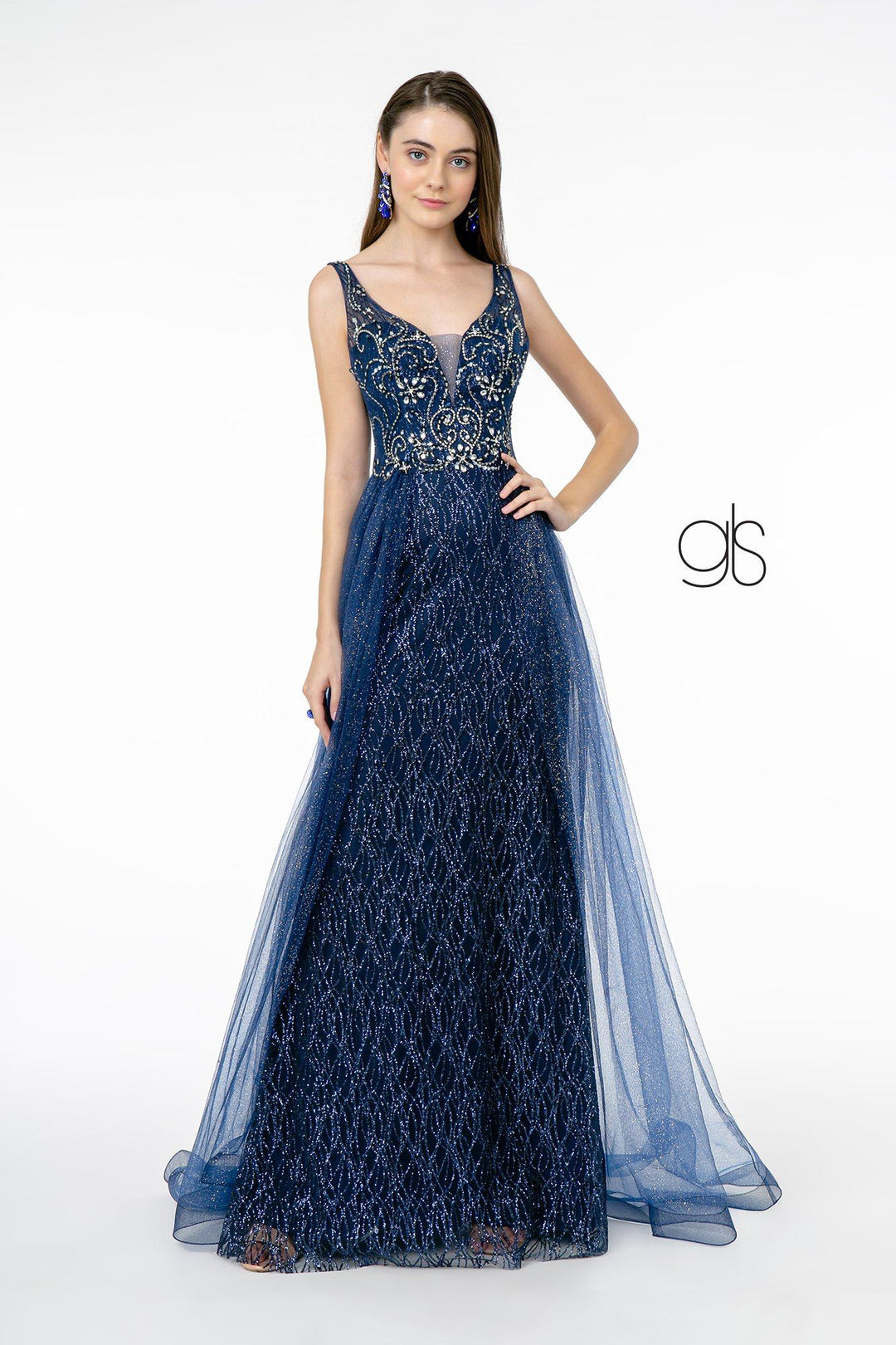 Jeweled V-Neck Gown with Glitter Overskirt by Elizabeth K GL1840