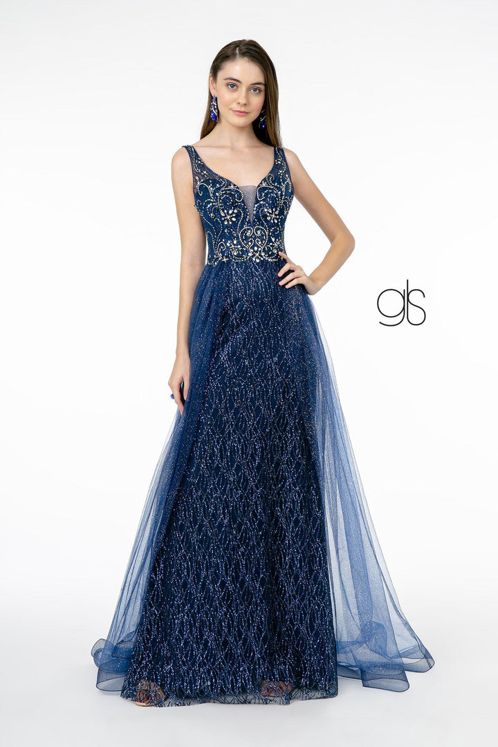 Jeweled V-Neck Gown with Glitter Overskirt by Elizabeth K GL1840