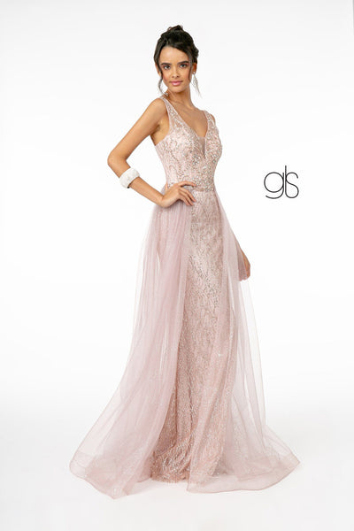 Jeweled V-Neck Gown with Glitter Overskirt by Elizabeth K GL1840
