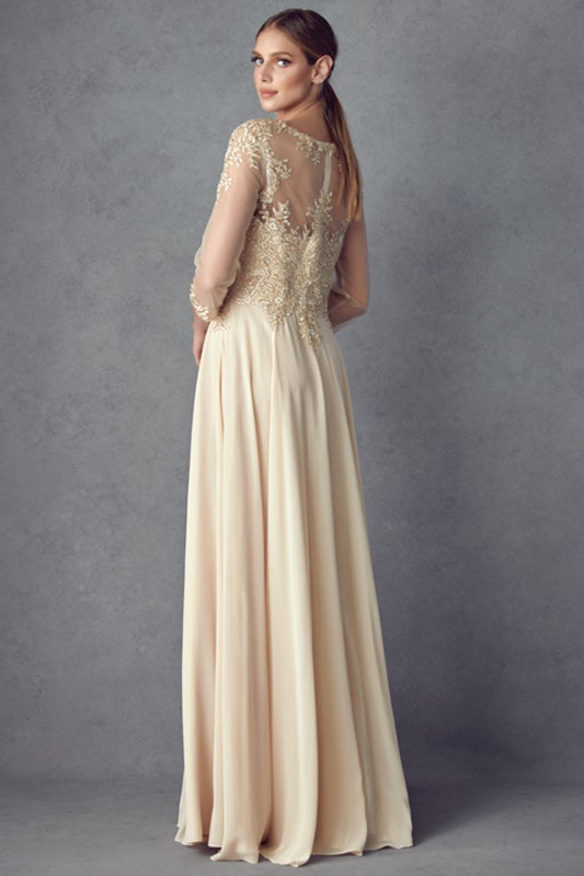 Lace Applique 3/4 Sleeve Chiffon Gown by Juliet M12