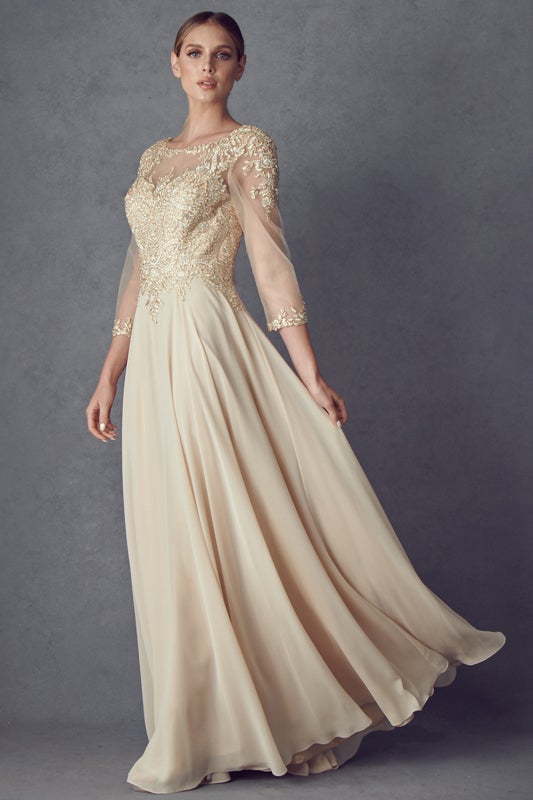 Lace Applique 3/4 Sleeve Chiffon Gown by Juliet M12