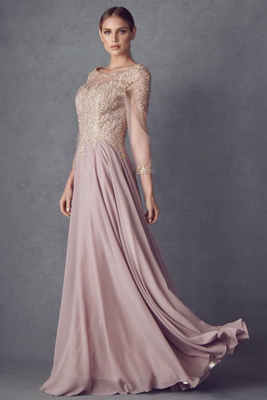 Lace Applique 3/4 Sleeve Chiffon Gown by Juliet M12